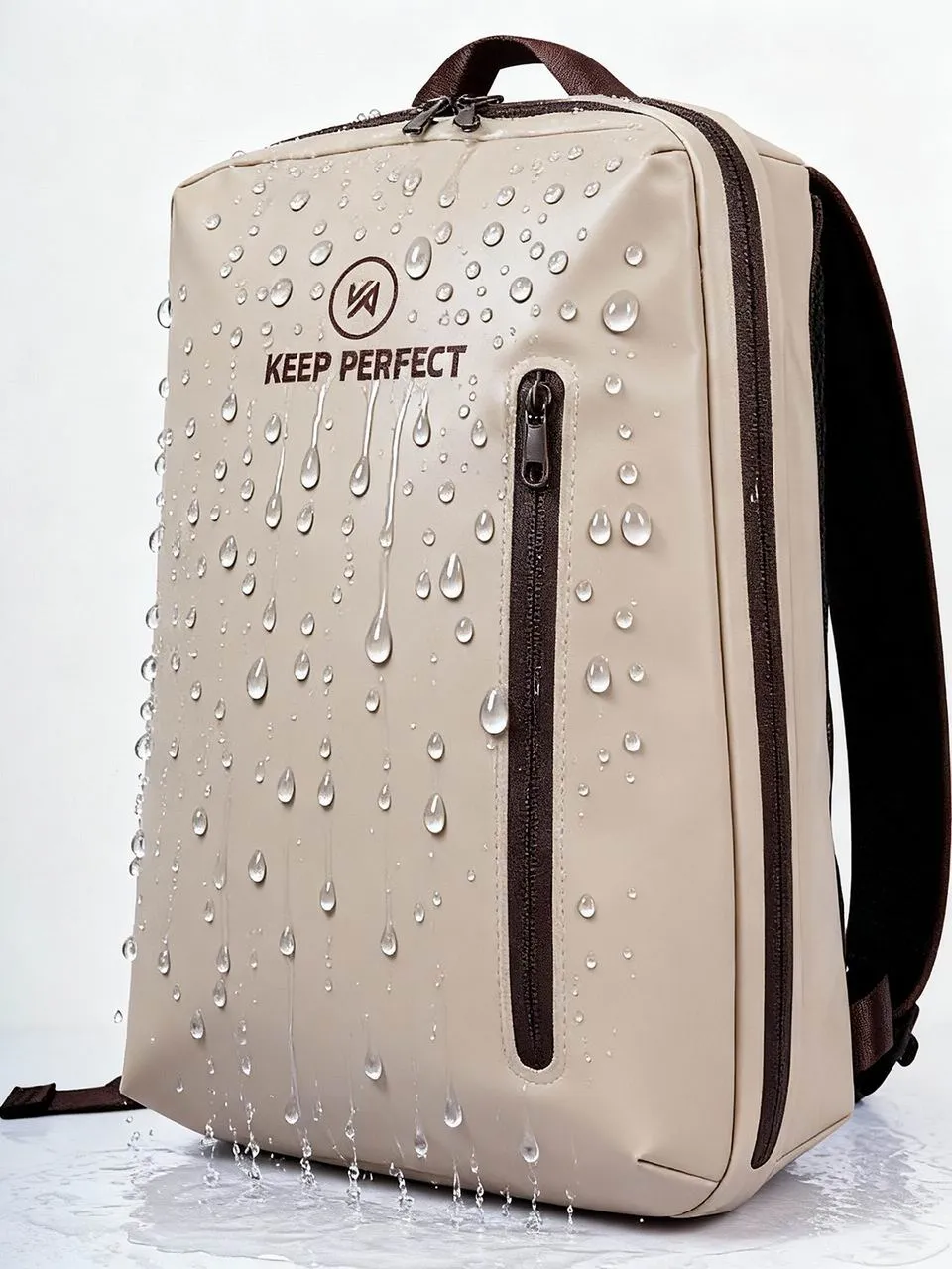 Close studio view of a mint green and black waterproof commuter backpack with welded seam detail and KEEP PERFECT badge — welded seams like these remove hundreds of needle holes from the water path