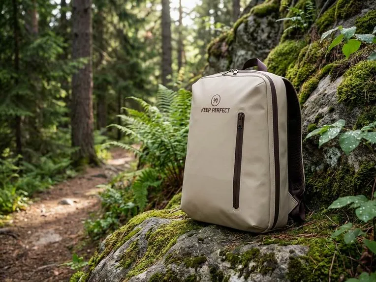 Three-quarter studio view of a roll-top waterproof commuter backpack in mint and black with KEEP PERFECT logo — carton packing and stacking orientation is calculated from the packed dimensions of builds like this