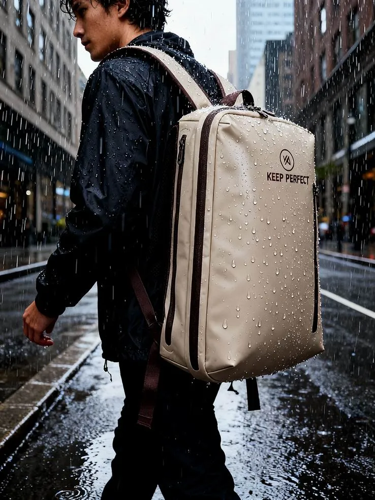 Black and mint waterproof backpack carried on the shoulder during a rainy city commute with wet pavement and traffic — the real-world condition an IPX6 rating is designed to cover