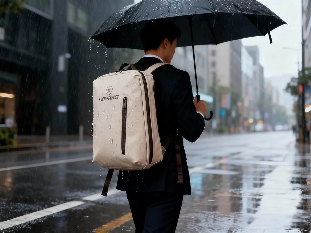 Waterproof business commute backpack in mint and black photographed in a city setting with KEEP PERFECT branding — a representative soft-goods build from our commuter platform